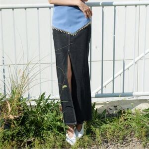 NOMIA NYC Designer Sz 6 Slit Front Maxi Jean Skirt In Black Stonewash NWOT